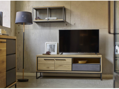 TONCA - Meuble tv 2 portes bois - 1 tiroir béton - 1 niche  2