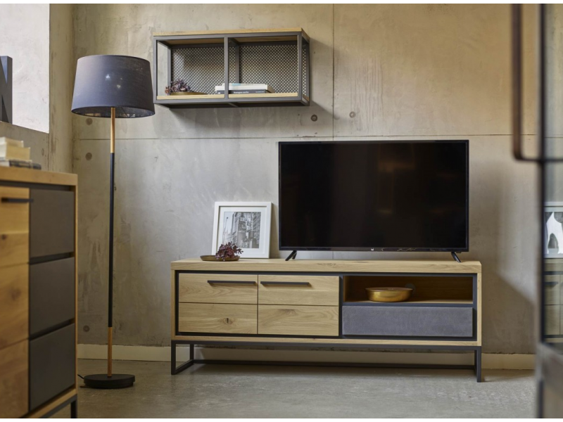 TONCA - Meuble tv 2 portes bois - 1 tiroir béton - 1 niche 