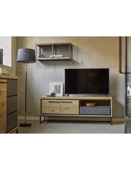 TONCA - Meuble tv 2 portes bois - 1 tiroir béton - 1 niche 
