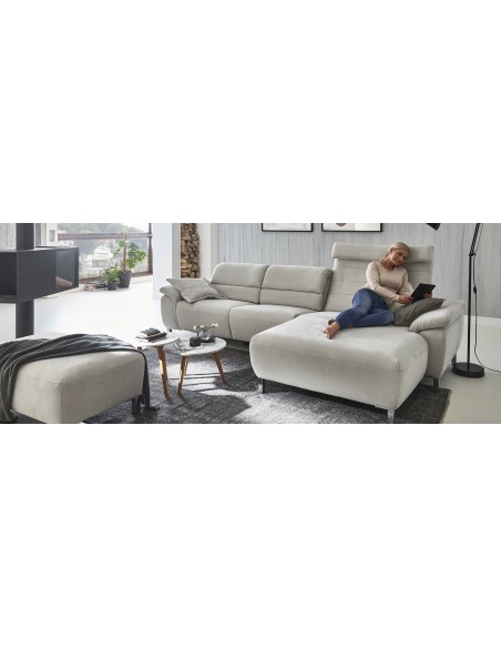 EMEX - Canapé angle méridienne, accoudoirs A fixe, pieds chrome brillant 