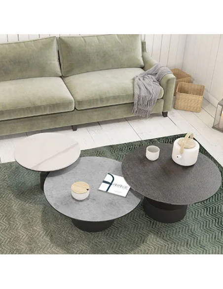 STELLA - Table basse diamètre 75cm  plateau céramique marbre mat 