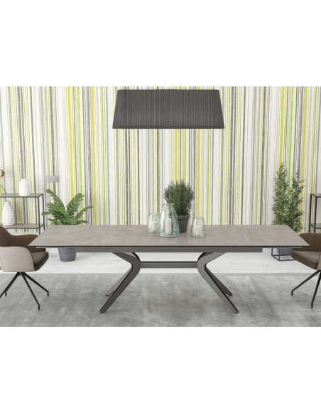 BOTEGA - Table de séjour plateau céramique titane 2 allonges de 40cm 