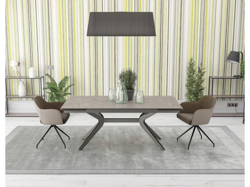 BOTEGA - Table de séjour plateau céramique titane 2 allonges de 40cm 