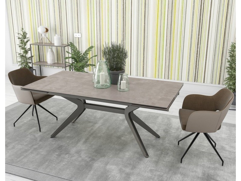 BOTEGA - Table de séjour plateau céramique titane 2 allonges de 40cm 