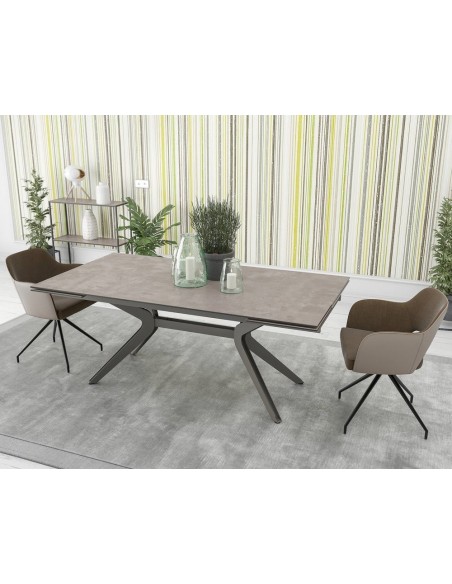 BOTEGA - Table de séjour plateau céramique titane 2 allonges de 40cm 