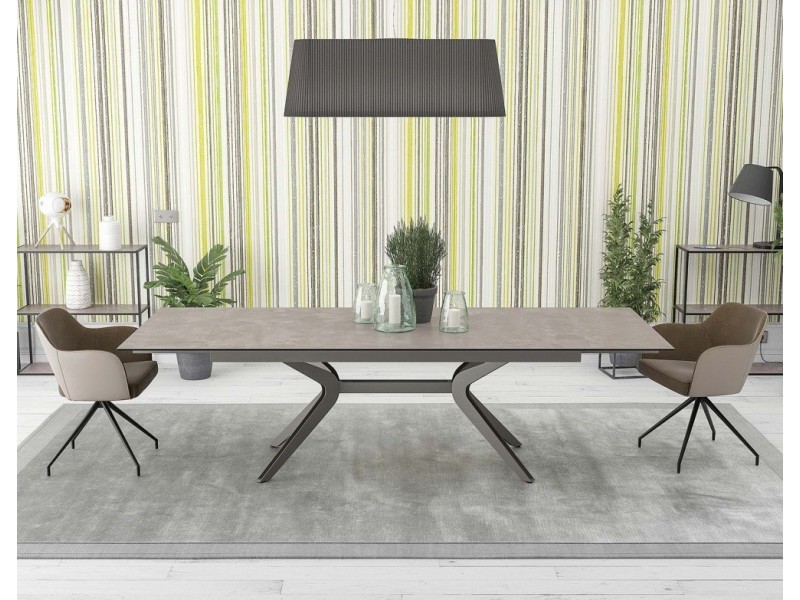 BOTEGA - Table de séjour plateau céramique titane 2 allonges de 40cm 