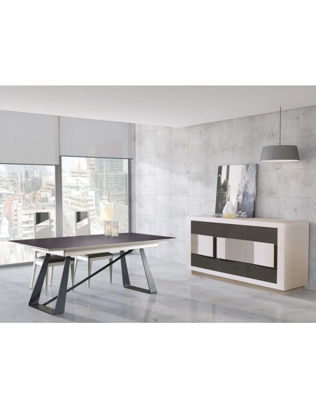 COLOMBIA - Table rectangulaire pieds acier, plateau céramique, 1 allonge de 80 cm en portefeuille 