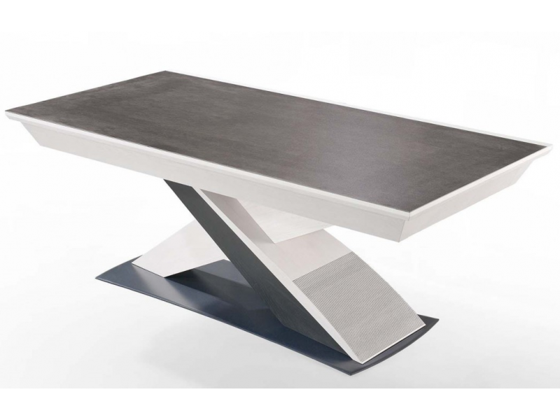 COLOMBIA - Table rectangulaire pieds acier, plateau céramique, 1 allonge de 80 cm en portefeuille 