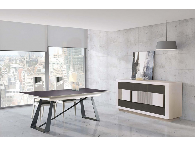COLOMBIA - Table rectangulaire pieds acier, plateau céramique, 1 allonge de 80 cm en portefeuille 