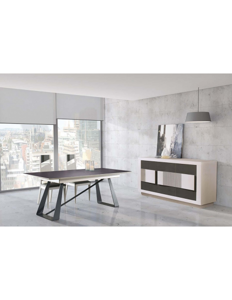 COLOMBIA - Table rectangulaire pieds acier, plateau céramique, 1 allonge de 80 cm en portefeuille 