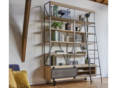 RIGA - Bibliothèque 4 étagères 1 porte métal avec échelle 