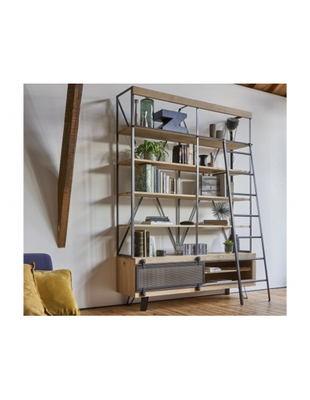 RIGA - Bibliothèque 4 étagères 1 porte métal avec échelle 