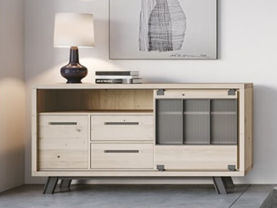 JULIUS - Enfilade 180 cm 1 porte coulissante 2 tiroirs 1 porte Chêne massif 