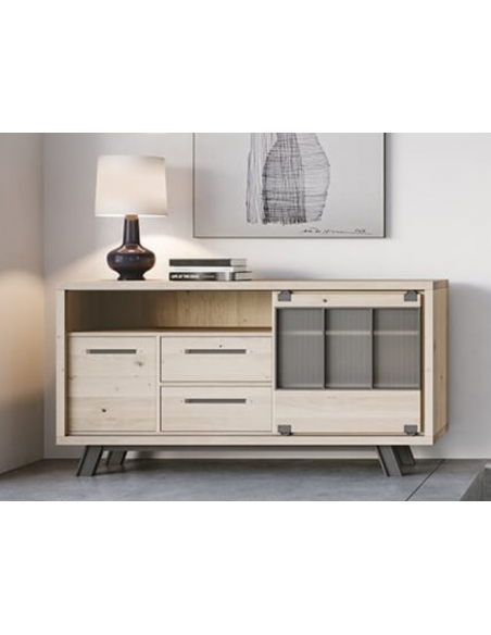 JULIUS - Enfilade 180 cm 1 porte coulissante 2 tiroirs 1 porte Chêne massif 