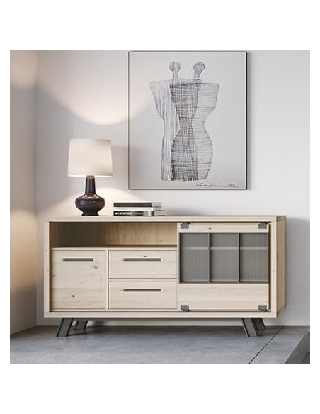 JULIUS - Enfilade 180 cm 1 porte coulissante 2 tiroirs 1 porte Chêne massif 