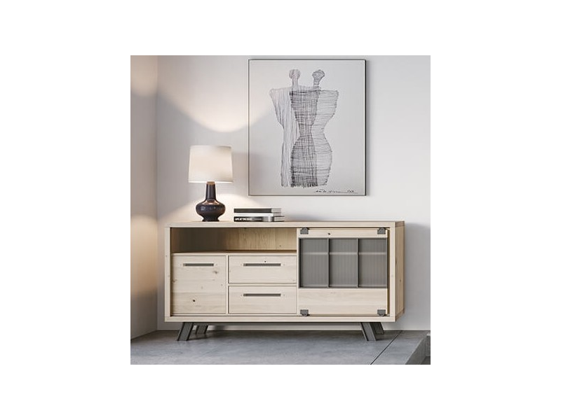 JULIUS - Enfilade 180 cm 1 porte coulissante 2 tiroirs 1 porte Chêne massif 