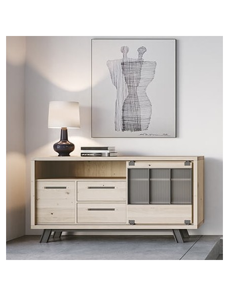 JULIUS - Enfilade 180 cm 1 porte coulissante 2 tiroirs 1 porte Chêne massif 