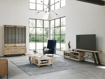 JULIUS - Enfilade haute 140 cm 1 porte coulissante 2 tiroirs 2 portes et 1 niche Chêne massif 