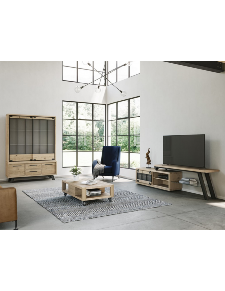 JULIUS - Enfilade haute 140 cm 1 porte coulissante 2 tiroirs 2 portes et 1 niche Chêne massif 