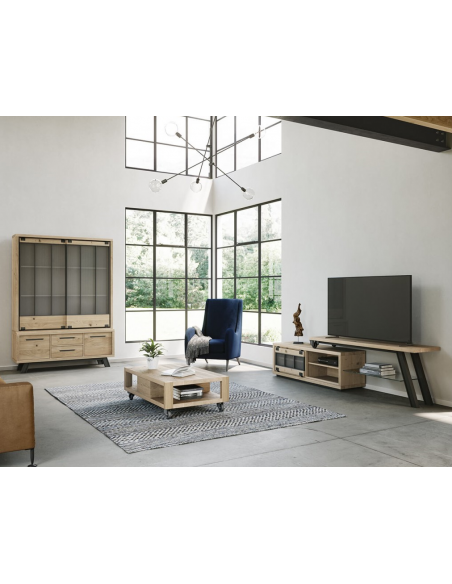JULIUS - Enfilade haute 140 cm 1 porte coulissante 2 tiroirs 2 portes et 1 niche Chêne massif 