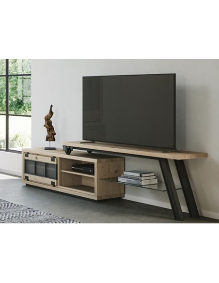JULIUS - Meuble TV 170 cm 1 porte coulissante 1 tiroir Chêne massif 