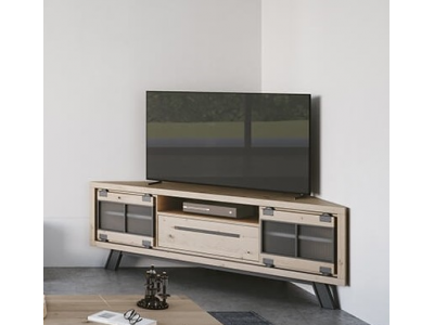 JULIUS - Meuble TV coin 170 cm 2 portes coulissantes 1 tiroir Chêne massif  2