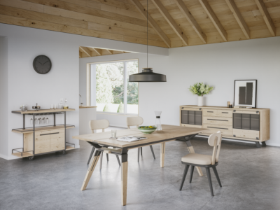 JULIUS - Table 4 pieds métal 2 allonges de 45 cm Chêne massif 