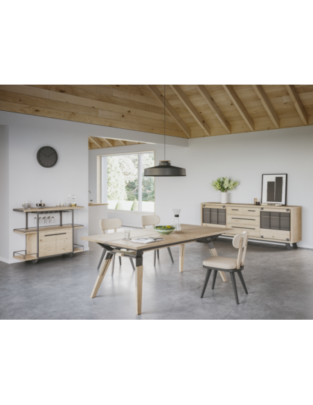 JULIUS - Table 4 pieds métal 2 allonges de 45 cm Chêne massif 